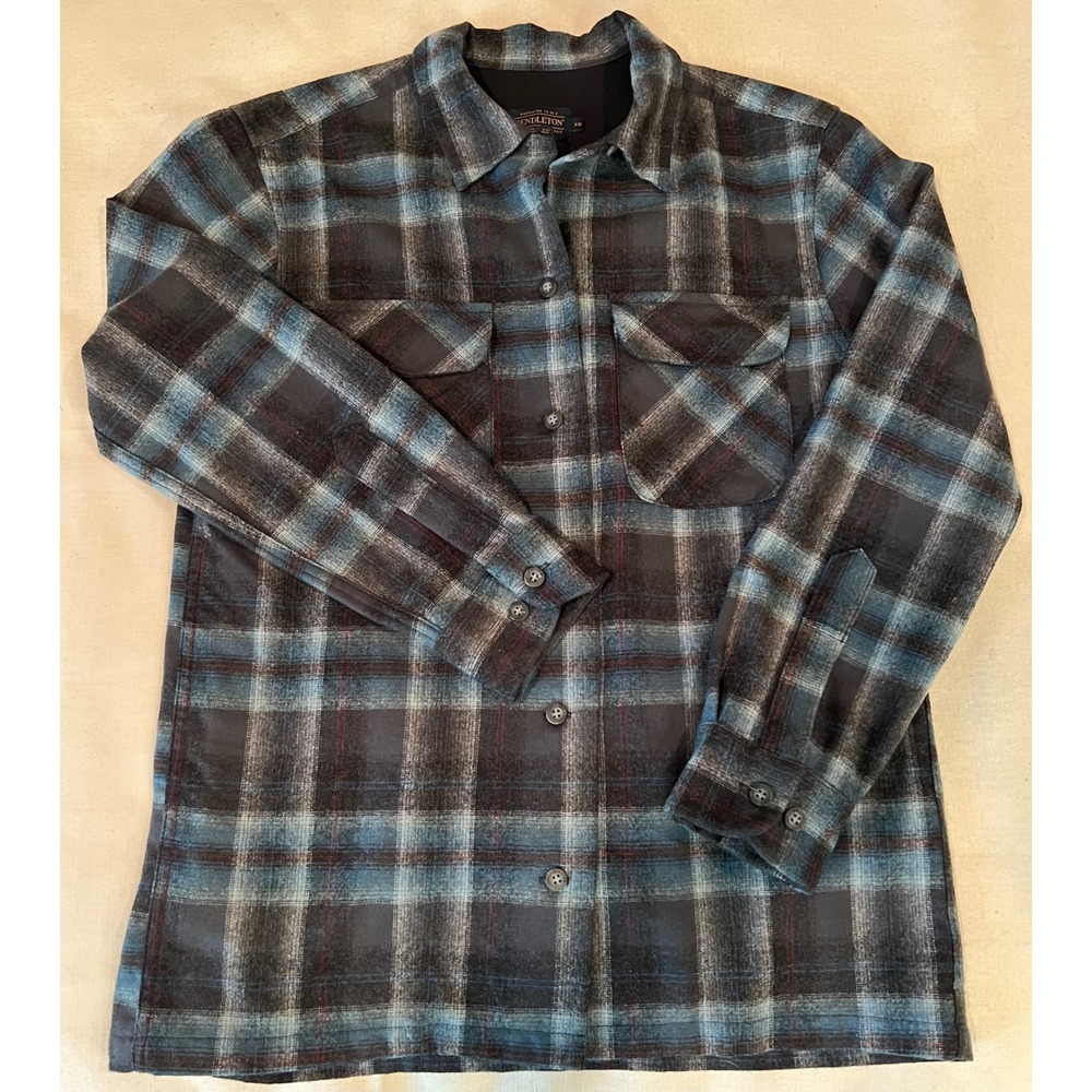 Pendleton Women's Boyfriend Board Shirt Blue Charcoal Plaid 100% Virgin Wool